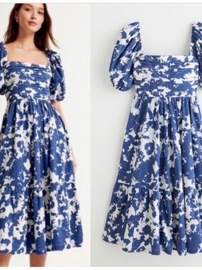 Abercrombie & Fitch Blue and White Floral Puff-Sleeve Midi Dress